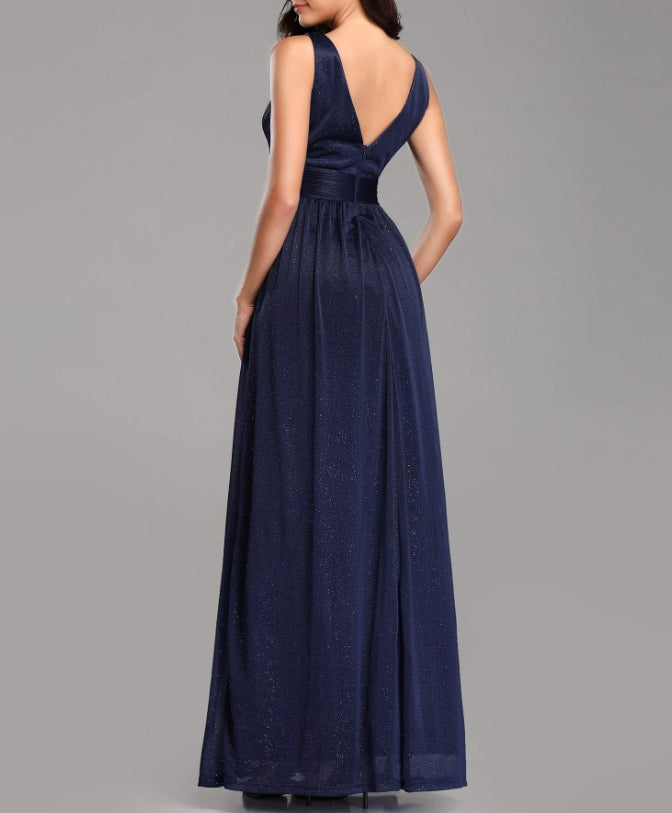 Navy Blue Women's V-Neck High Wasit Glitter Maxi Prom Dress